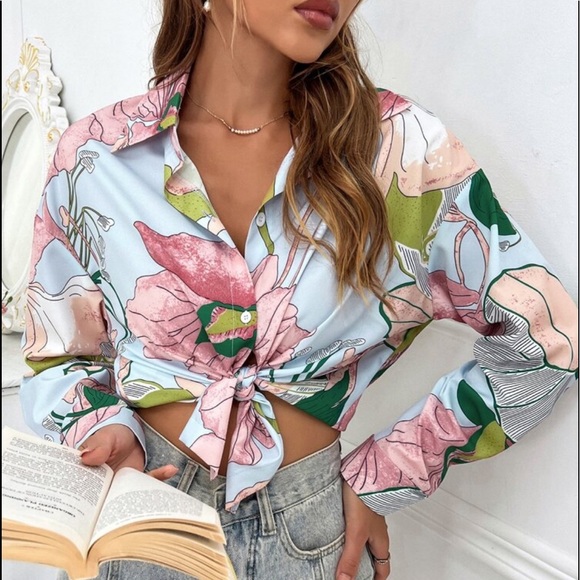 Boho Floral Print Button Down Shirt Top Blouse - Picture 7 of 14